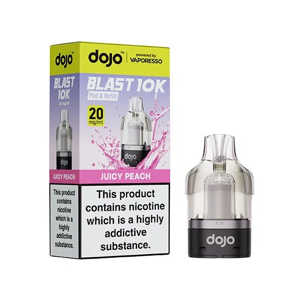 Dojo Blast 10K Refill Pods juicy peach with packaging on a white background - uk vape sales