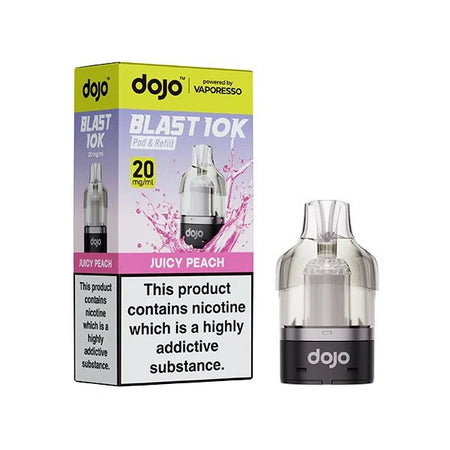 Dojo Blast 10K Refill Pods juicy peach with packaging on a white background - uk vape sales