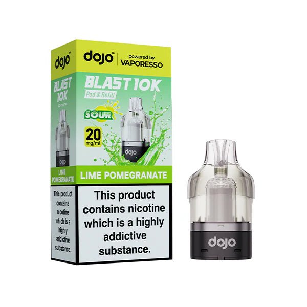 Dojo Blast 10K Refill Pods lime pomegranate with packaging on a white background - uk vape sales