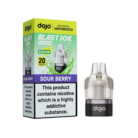 Dojo Blast 10K Refill Pods sour berry with packaging on a white background - uk vape sales
