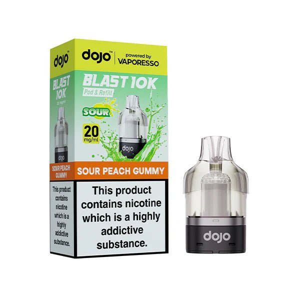 Dojo Blast 10K Refill Pods sour peach gummy with packaging on a white background - uk vape sales