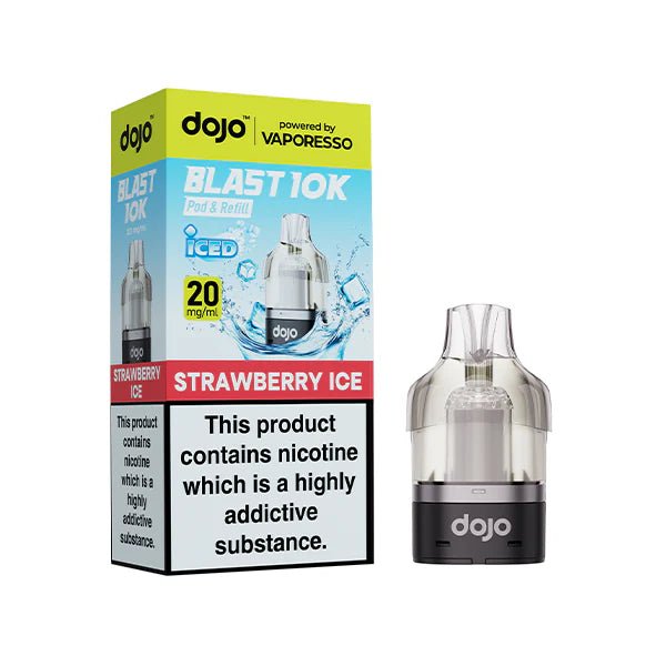 Dojo Blast 10K Refill Pods strawberry ice with packaging on a white background - uk vape sales