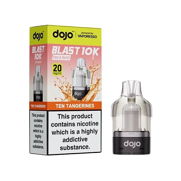 Dojo Blast 10K Refill Pods ten tangerines with packaging on a white background - uk vape sales