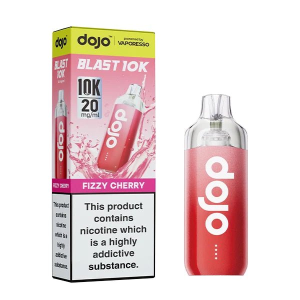 Dojo Blast 10K vape kit fizzy cherry device and packaging on a white background - uk vape sales