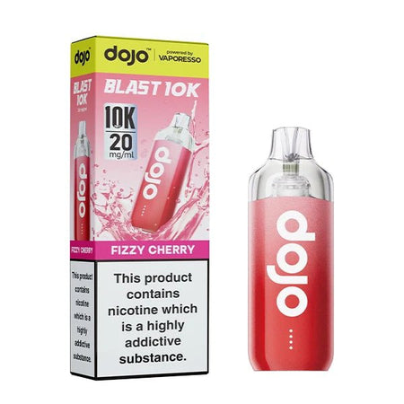 Dojo Blast 10K vape kit fizzy cherry device and packaging on a white background - uk vape sales