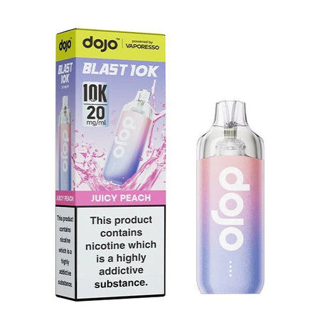Dojo Blast 10K vape kit juicy peach device and packaging on a white background - uk vape sales