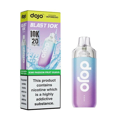 Dojo Blast 10K vape kit kiwi passion fruit guava device and packaging on a white background - uk vape sales