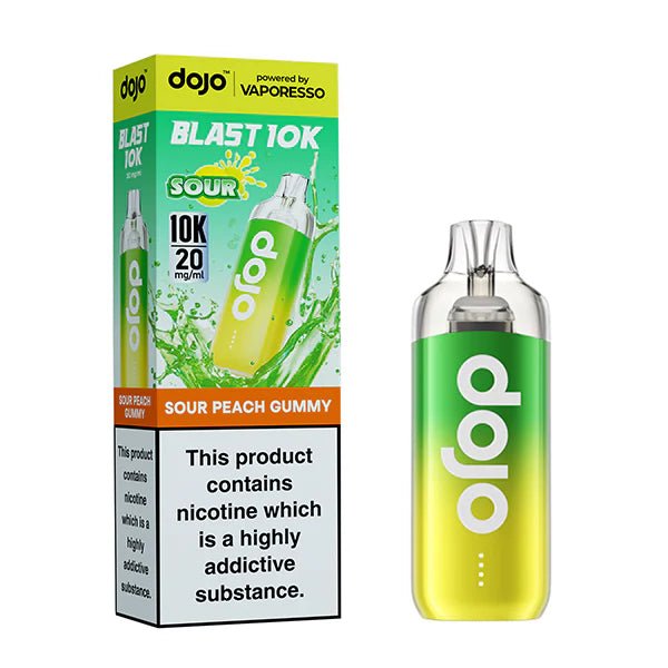 Dojo Blast 10K vape kit sour peach gummy device and packaging on a white background - uk vape sales