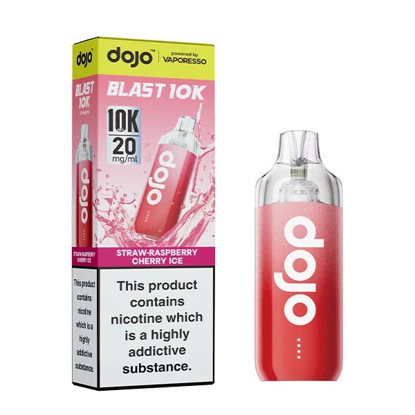Dojo Blast 10K vape kit straw-raspberry cherry ice device and packaging on a white background - uk vape sales
