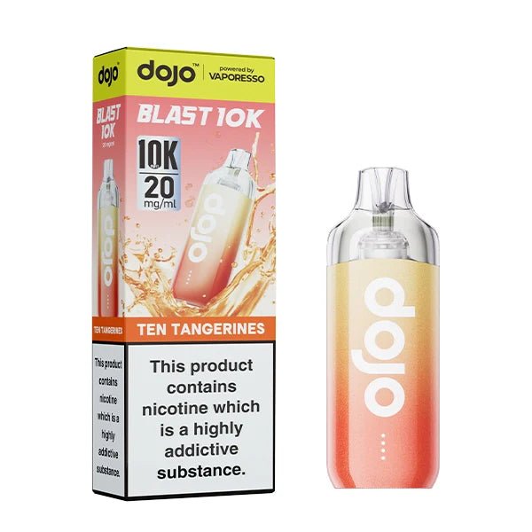 Dojo Blast 10K vape kit ten tangerines device and packaging on a white background - uk vape sales