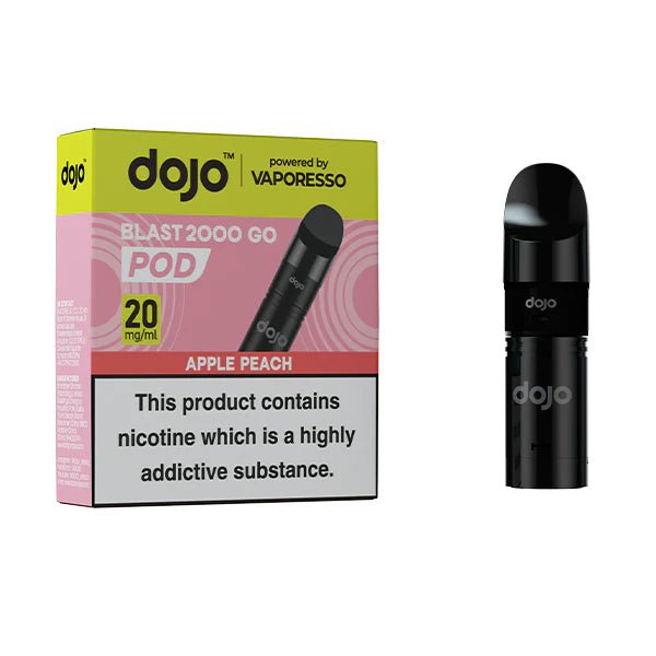 Dojo Blast 2000 Go Refill Pods apple peach with packaging on a white background - uk vape sales