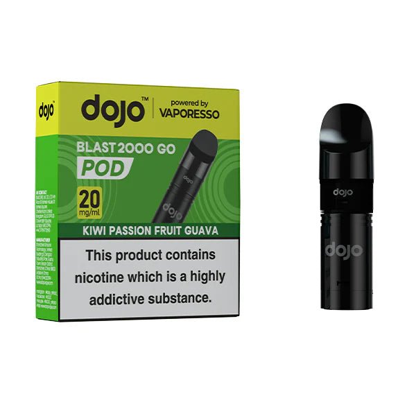 Dojo Blast 2000 Go Refill Pods kiwi passion fruit guava with packaging on a white background - uk vape sales