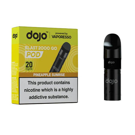 Dojo Blast 2000 Go Refill Pods pineapple sunrise with packaging on a white background - uk vape sales