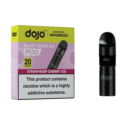 Dojo Blast 2000 Go Refill Pods straw-rasp cherry ice with packaging on a white background - uk vape sales