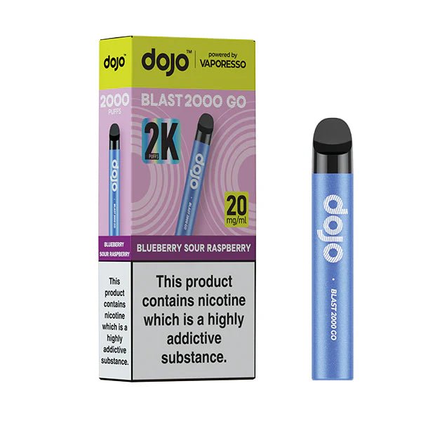 Dojo Blast 2000 Go Vape Kit blueberry sour raspberry with packaging on a white background - uk vape sales