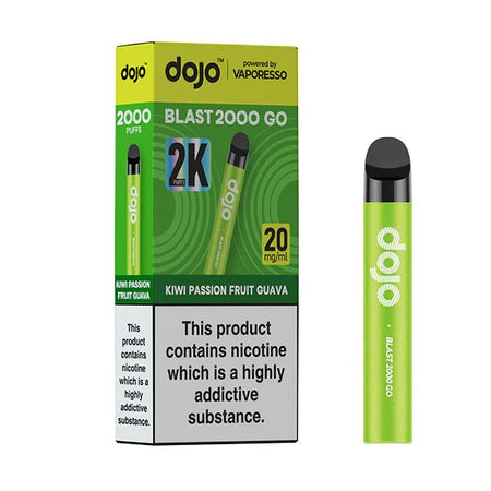 Dojo Blast 2000 Go Vape Kit kiwi passion fruit guava with packaging on a white background - uk vape sales