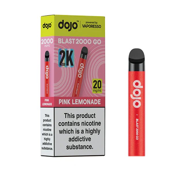 Dojo Blast 2000 Go Vape Kit pink lemonade with packaging on a white background - uk vape sales