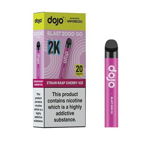 Dojo Blast 2000 Go Vape Kit straw-rasp cherry ice with packaging on a white background - uk vape sales
