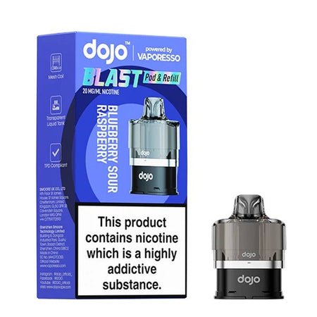 Dojo Blast 6000 Refill Pods blueberry sour raspberry with packaging on a white background - uk vape sales