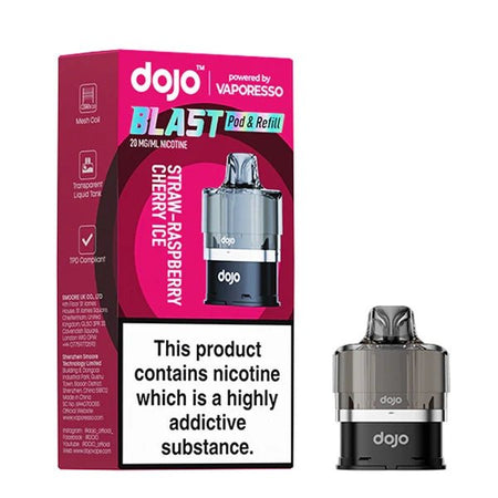 Dojo Blast 6000 Refill Pods straw-raspberry cherry ice with packaging on a white background - uk vape sales