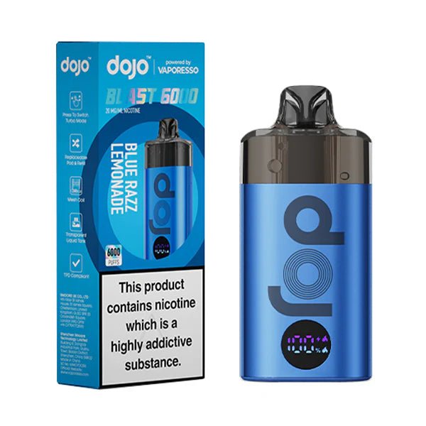 Dojo Blast 6000 Vape Kit blue razz lemonade device and packaging on a white background - uk vape sales