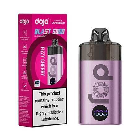 Dojo Blast 6000 Vape Kit fizzy cherry device and packaging on a white background - uk vape sales