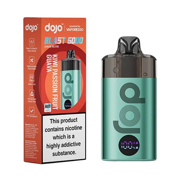 Dojo Blast 6000 Vape Kit kiwi passion fruit guava device and packaging on a white background - uk vape sales