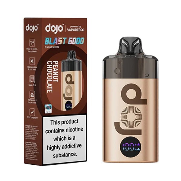Dojo Blast 6000 Vape Kit peanut chocolate device and packaging on a white background - uk vape sales