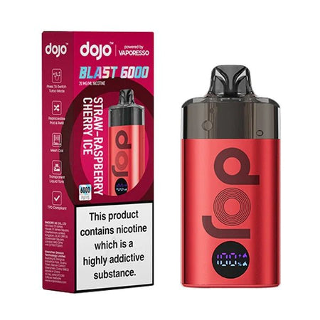 Dojo Blast 6000 Vape Kit straw-raspberry cherry ice device and packaging on a white background - uk vape sales