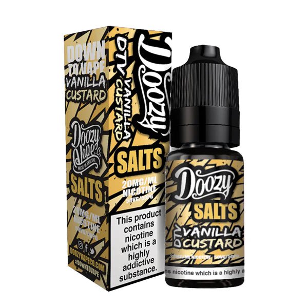 Doozy Nic Salts Vanilla Custard 10ml nic salt bottle and packaging on a white background - uk vape sales
