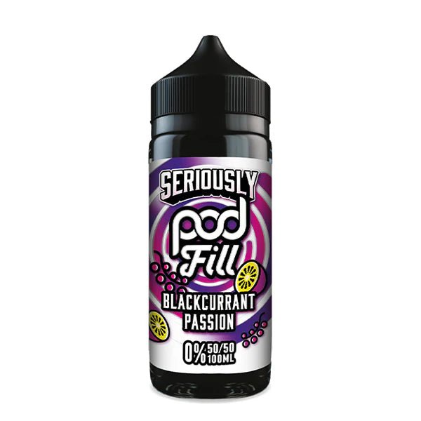 Seriously Pod Fill E-Liquid blackcurrant passion shortfill bottle on a white background - UK vape sales
