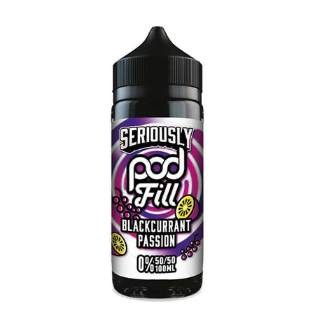 Seriously Pod Fill E-Liquid blackcurrant passion shortfill bottle on a white background - UK vape sales
