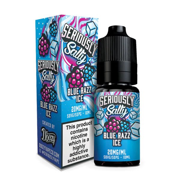 Doozy Seriously Nic Salts blue razz ice 10ml nic salt bottle with packaging on white background - uk vape sales