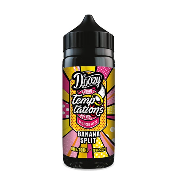 Doozy Temptations E-Liquid banana split 100ml shortfill bottle on white background - uk vape sales