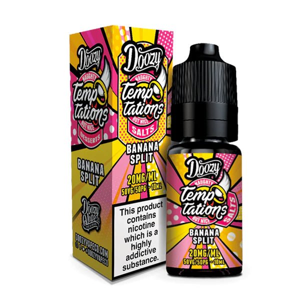 Doozy Temptations Nic Salts banana split 10ml nic salt bottle with packaging on white background - uk vape sales