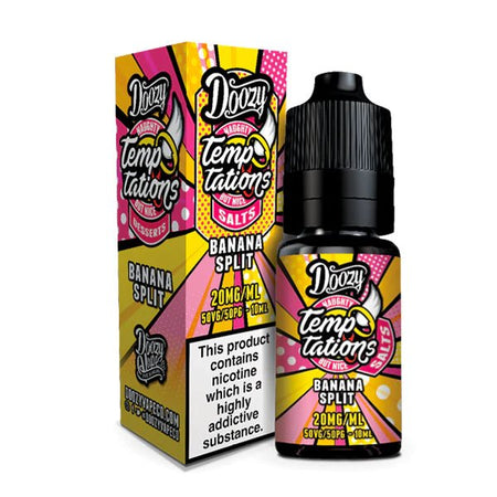 Doozy Temptations Nic Salts banana split 10ml nic salt bottle with packaging on white background - uk vape sales