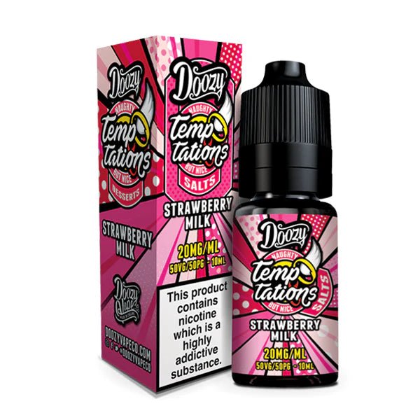 Doozy Temptations Nic Salts strawberry milk 10ml nic salt bottle with packaging on white background - uk vape sales