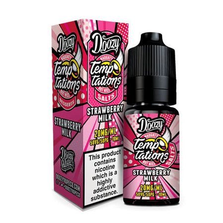 Doozy Temptations Nic Salts strawberry milk 10ml nic salt bottle with packaging on white background - uk vape sales