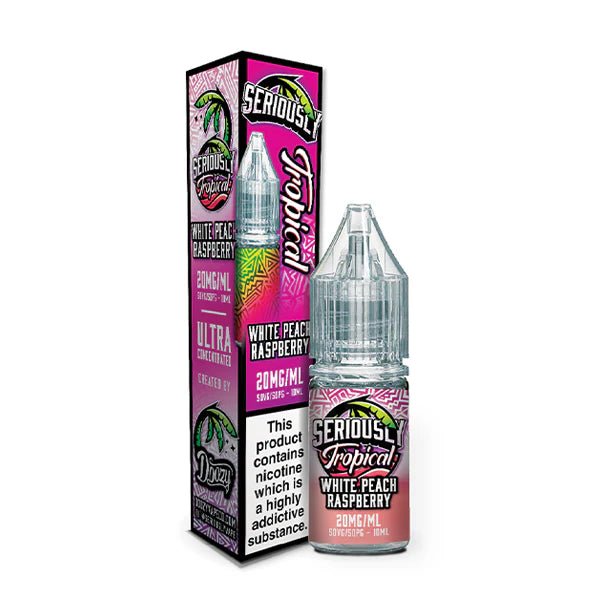 Doozy Seriously Tropical Nic Salts white peach raspberry 10ml bottle with packaging on white background - uk vape sales