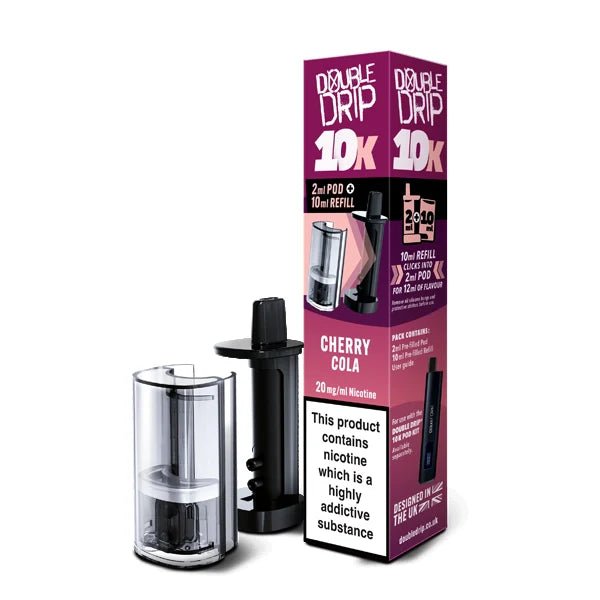 Double Drip 10K Refill Pods cherry cola with packaging on a white background - uk vape sales