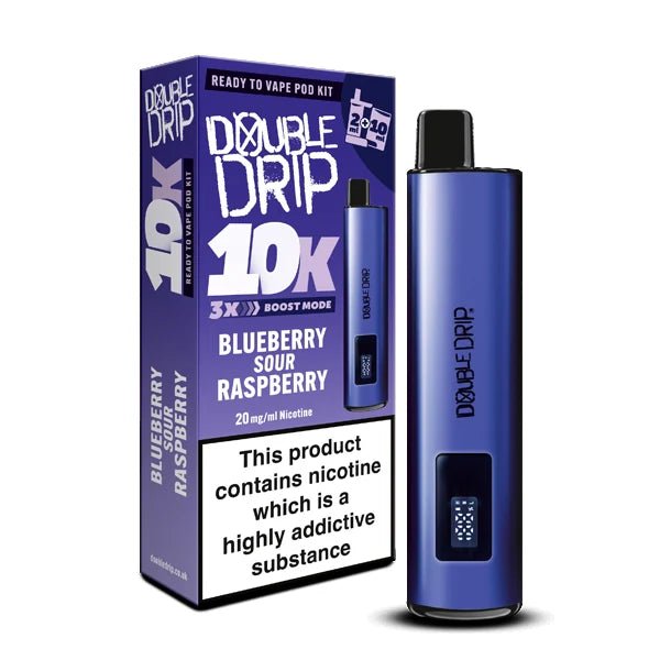 Double Drip 10K vape kit blueberry sour raspberry device and packaging on a white background - uk vape sales