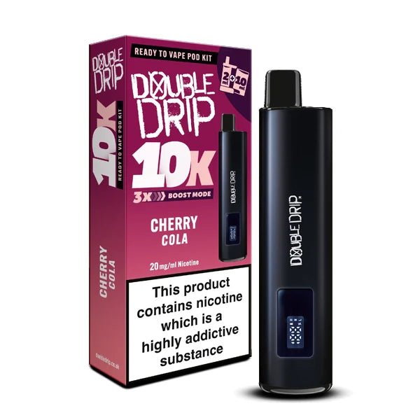 Double Drip 10K vape kit cherry cola device and packaging on a white background - uk vape sales