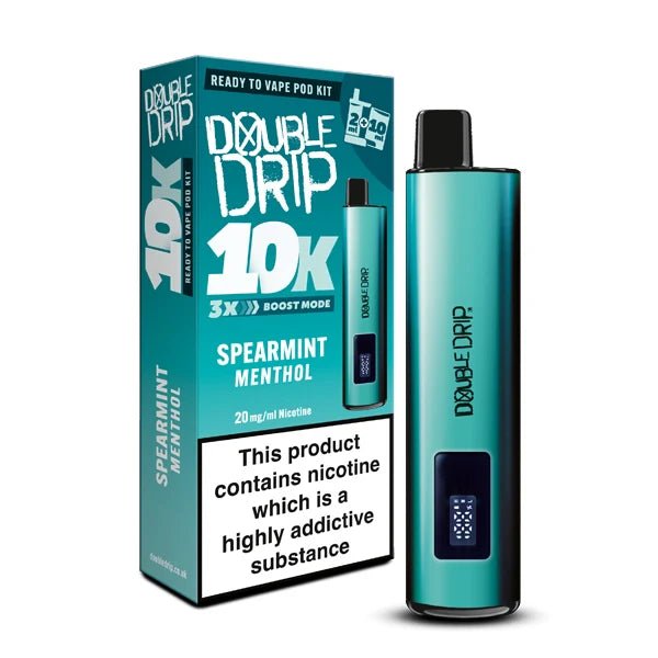 Double Drip 10K vape kit spearmint menthol device and packaging on a white background - uk vape sales