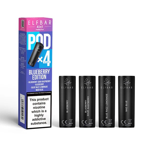 Elf Bar 4 in 1 Refill Pods blueberry edition with packaging on a white background - uk vape sales