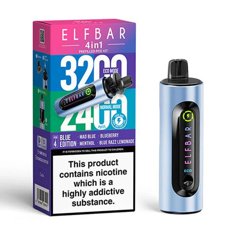 Elf Bar 4 in 1 Vape Kit blue edition device and packaging on a white background - uk vape sales