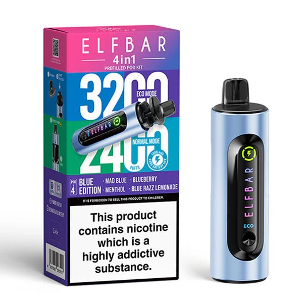 Elf Bar 4 in 1 Vape Kit blue edition device and packaging on a white background - uk vape sales