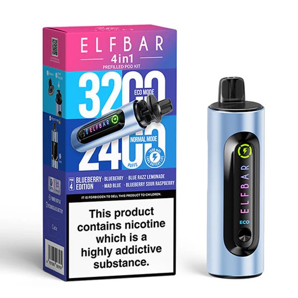 Elf Bar 4 in 1 Vape Kit blueberry edition device and packaging on a white background - uk vape sales