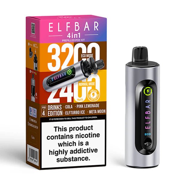Elf Bar 4 in 1 Vape Kit drinks edition device and packaging on a white background - uk vape sales
