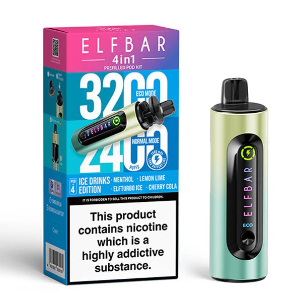 Elf Bar 4 in 1 Vape Kit ice drinks edition device and packaging on a white background - uk vape sales