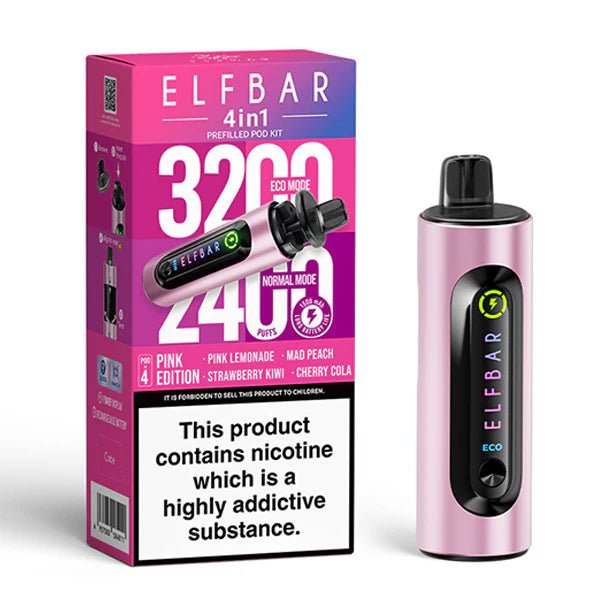Elf Bar 4 in 1 Vape Kit pink edition device and packaging on a white background - uk vape sales